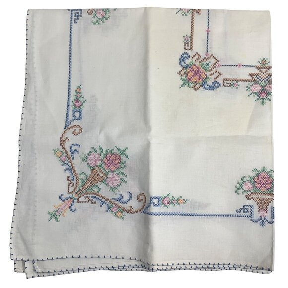 Vintage White Linen Tablecloth Embroidered Cross Stitched Floral Baskets - Picture 2 of 7